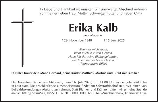 Traueranzeige von Erika Kalb von Pegnitz-Zeitung