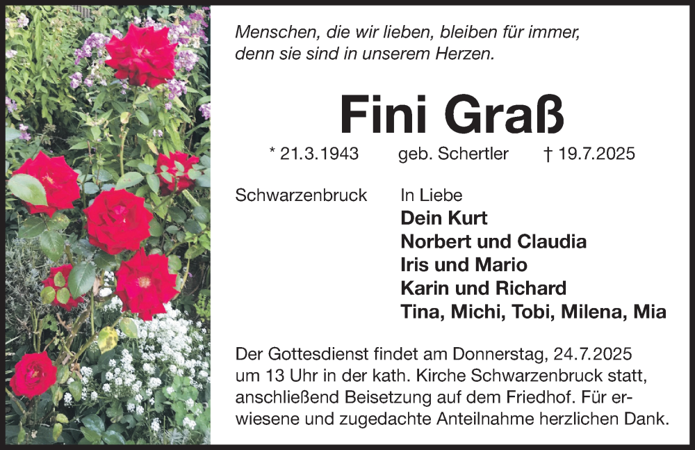  Traueranzeige für Fini Graß vom 22.07.2025 aus Der Bote