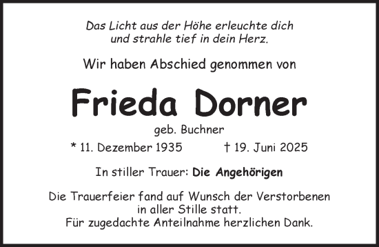 Traueranzeige von Frieda Dorner von Pegnitz-Zeitung