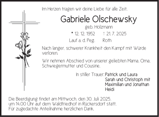 Traueranzeige von Gabriele Olschewsky von Pegnitz-Zeitung