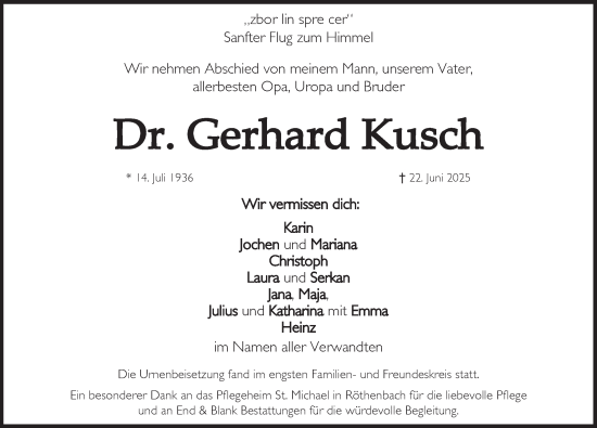 Traueranzeige von Gerhard Kusch von Pegnitz-Zeitung