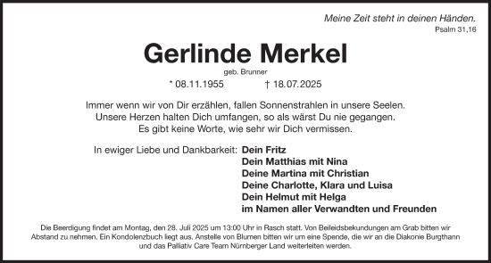 Traueranzeige von Gerlinde Merkel von Der Bote
