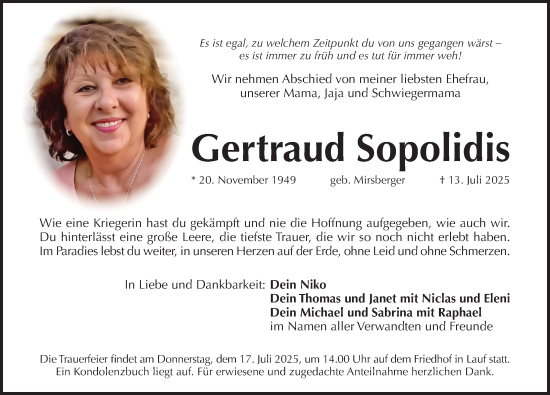 Traueranzeige von Gertraud Sopolidis von Pegnitz-Zeitung