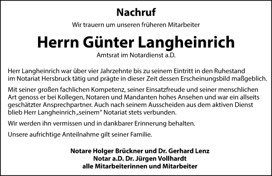Traueranzeige von Günter Langheinrich von Hersbrucker Zeitung Lokal