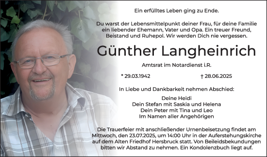 Traueranzeige von Günther Langheinrich von Hersbrucker Zeitung Lokal