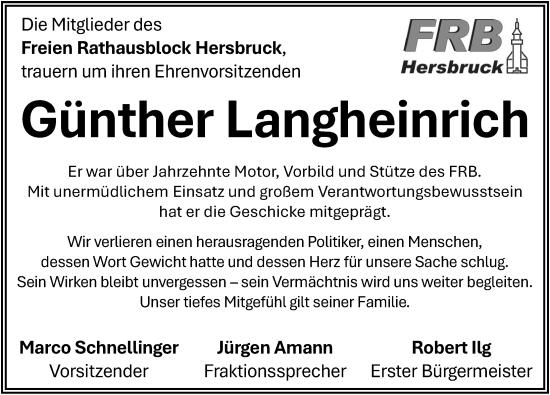Traueranzeige von Günther Langheinrich von Hersbrucker Zeitung Lokal