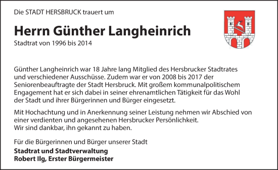 Traueranzeige von Günther Langheinrich von Hersbrucker Zeitung Lokal