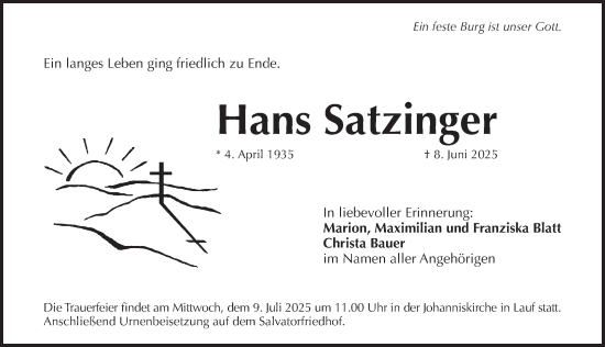 Traueranzeige von Hans Satzinger von Pegnitz-Zeitung