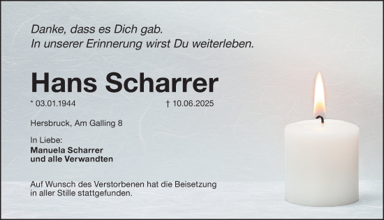 Traueranzeige von Hans Scharrer von Hersbrucker Zeitung Lokal