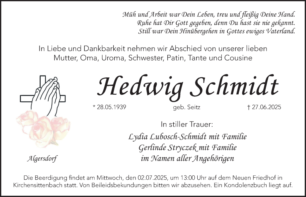  Traueranzeige für Hedwig Schmidt vom 01.07.2025 aus Hersbrucker Zeitung Lokal