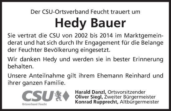 Traueranzeige von Hedy Bauer von Der Bote