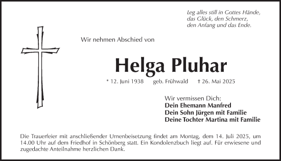 Traueranzeige von Helga Pluhar von Pegnitz-Zeitung