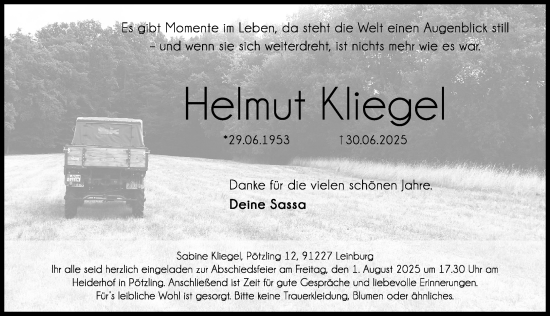 Traueranzeige von Helmut Kliegel von Hersbrucker Zeitung Lokal