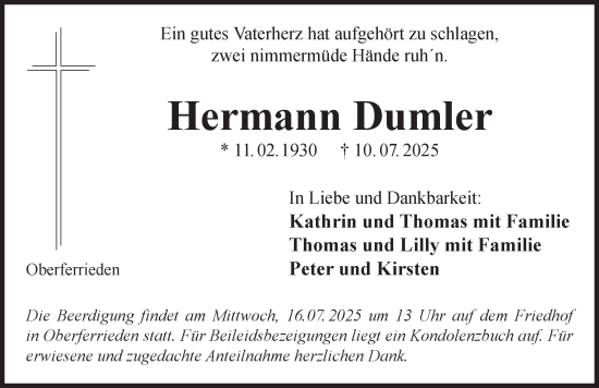 Traueranzeige von Hermann Dumler von Der Bote