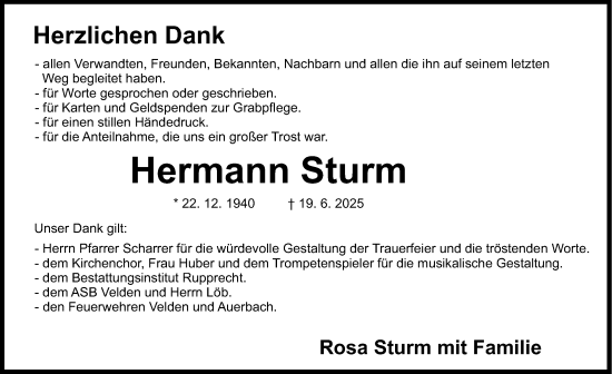 Traueranzeige von Hermann Sturm von Hersbrucker Zeitung Lokal