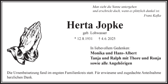 Traueranzeige von Herta Jopke von Der Bote