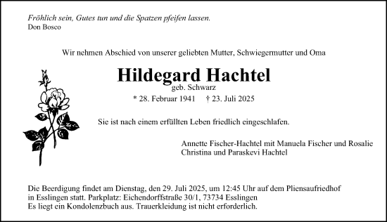 Traueranzeige von Hildegard Hachtel von Hersbrucker Zeitung Lokal