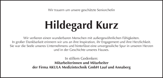 Traueranzeige von Hildegard Kurz von Pegnitz-Zeitung