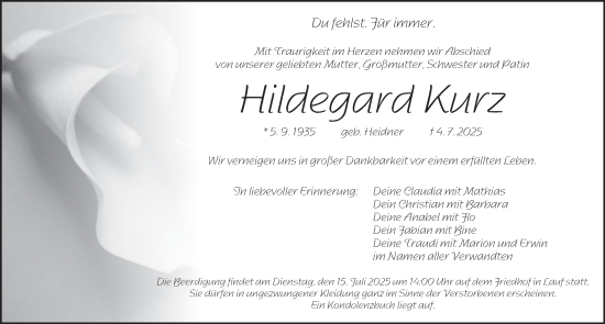 Traueranzeige von Hildegard Kurz von Pegnitz-Zeitung