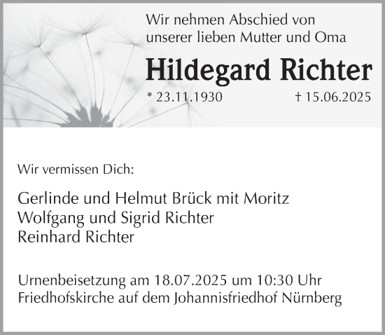 Traueranzeige von Hildegard Richter von Pegnitz-Zeitung