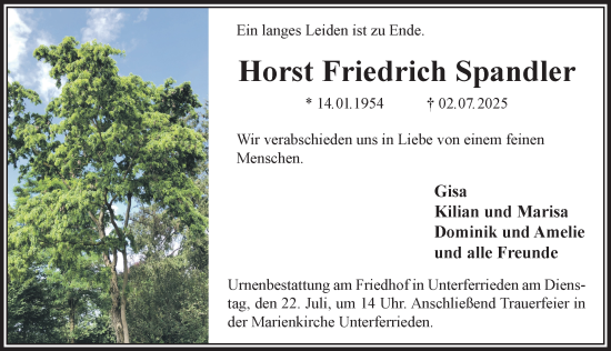 Traueranzeige von Horst Friedrich Spandler von Der Bote