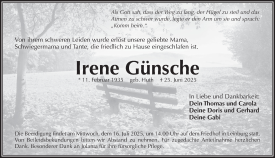 Traueranzeige von Irene Günsche von Pegnitz-Zeitung