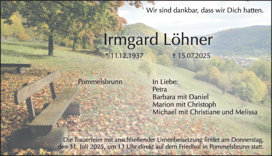 Traueranzeige von Irmgard Löhner von Hersbrucker Zeitung Lokal