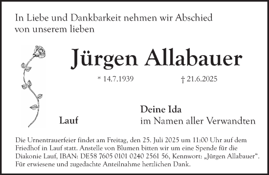 Traueranzeige von Jürgen Allabauer von Pegnitz-Zeitung