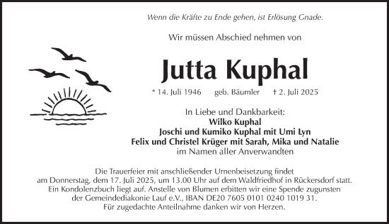 Traueranzeige von Jutta Kuphal von Pegnitz-Zeitung