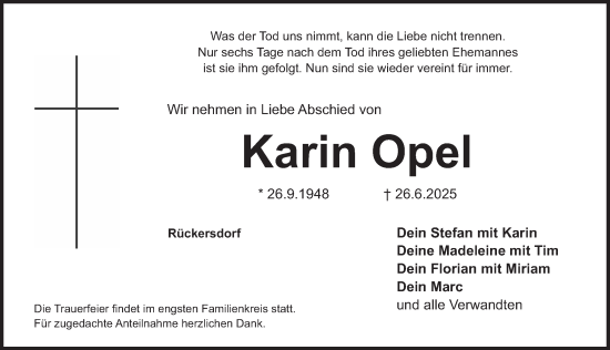 Traueranzeige von Karin Opel von Pegnitz-Zeitung