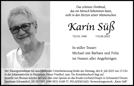 Traueranzeige von Karin Süß von Hersbrucker Zeitung Lokal