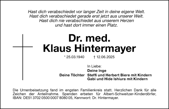 Traueranzeige von Klaus Hintermayer von Hersbrucker Zeitung Lokal