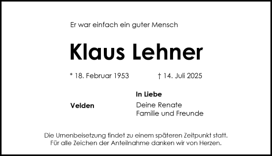 Traueranzeige von Klaus Lehner von Hersbrucker Zeitung Lokal