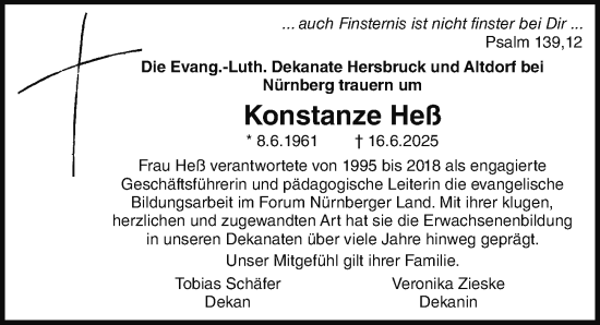 Traueranzeige von Konstanze Heß von Hersbrucker Zeitung Lokal