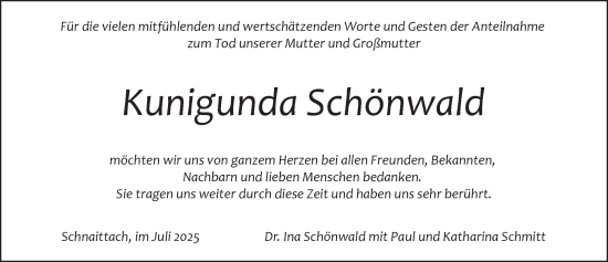 Traueranzeige von Kunigunda Schönwald von Pegnitz-Zeitung