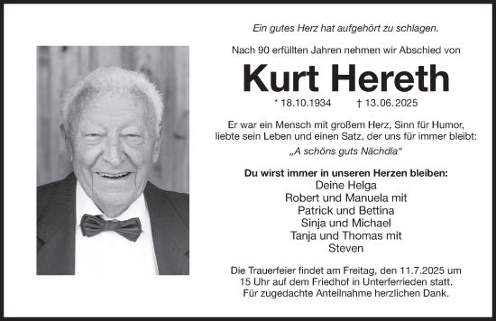 Traueranzeige von Kurt Hereth von Der Bote