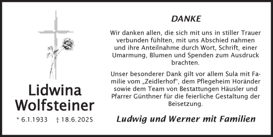 Traueranzeige von Lidwina Wolfsteiner von Der Bote