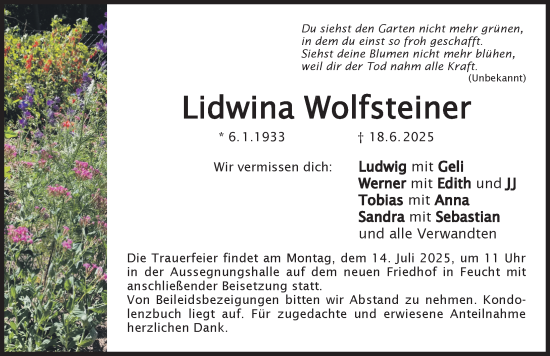 Traueranzeige von Lidwina Wolfsteiner von Der Bote