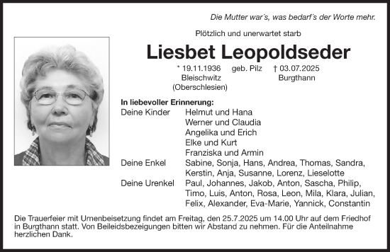 Traueranzeige von Liesbet Leopoldseder von Der Bote