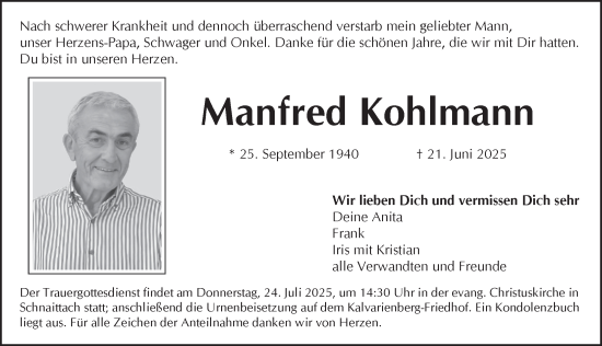 Traueranzeige von Manfred Kohlmann von Pegnitz-Zeitung