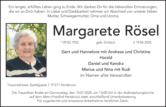 Traueranzeige von Margarete Rösel von Hersbrucker Zeitung Lokal