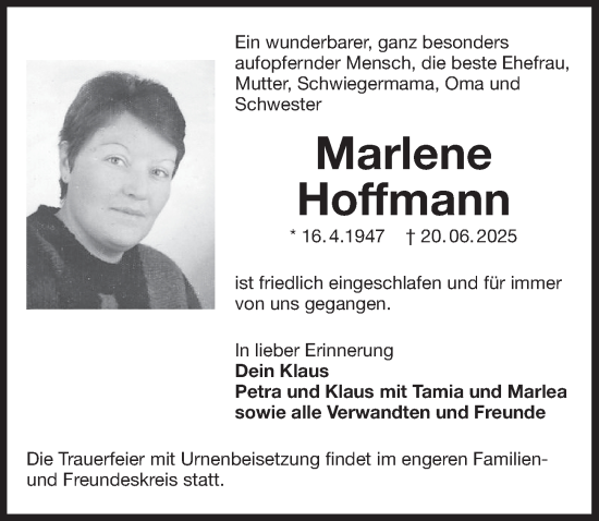 Traueranzeige von Marlene Hoffmann von Der Bote