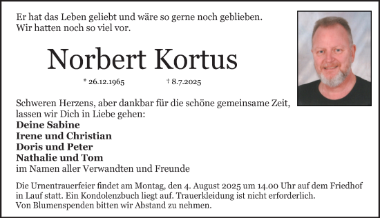 Traueranzeige von Norbert Kortus von Pegnitz-Zeitung