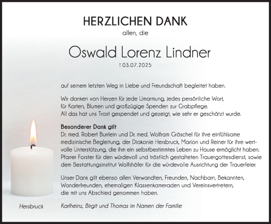 Traueranzeige von Oswald Lorenz Lindner von Hersbrucker Zeitung Lokal