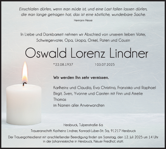 Traueranzeige von Oswald Lorenz Lindner von Hersbrucker Zeitung Lokal