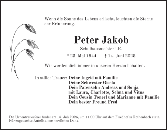 Traueranzeige von Peter  Jakob von Pegnitz-Zeitung