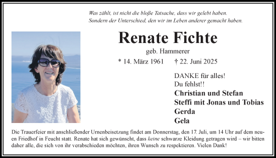 Traueranzeige von Renate Fichte von Der Bote