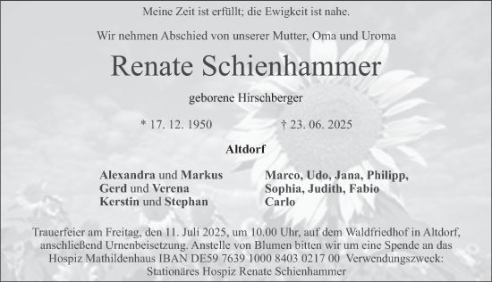 Traueranzeige von Renate Schienhammer von Der Bote