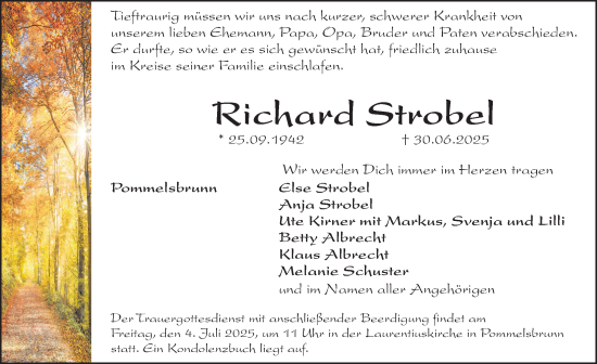 Traueranzeige von Richard Strobel von Hersbrucker Zeitung Lokal