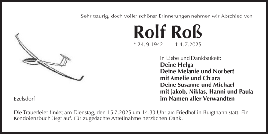 Traueranzeige von Rolf Roß von Der Bote